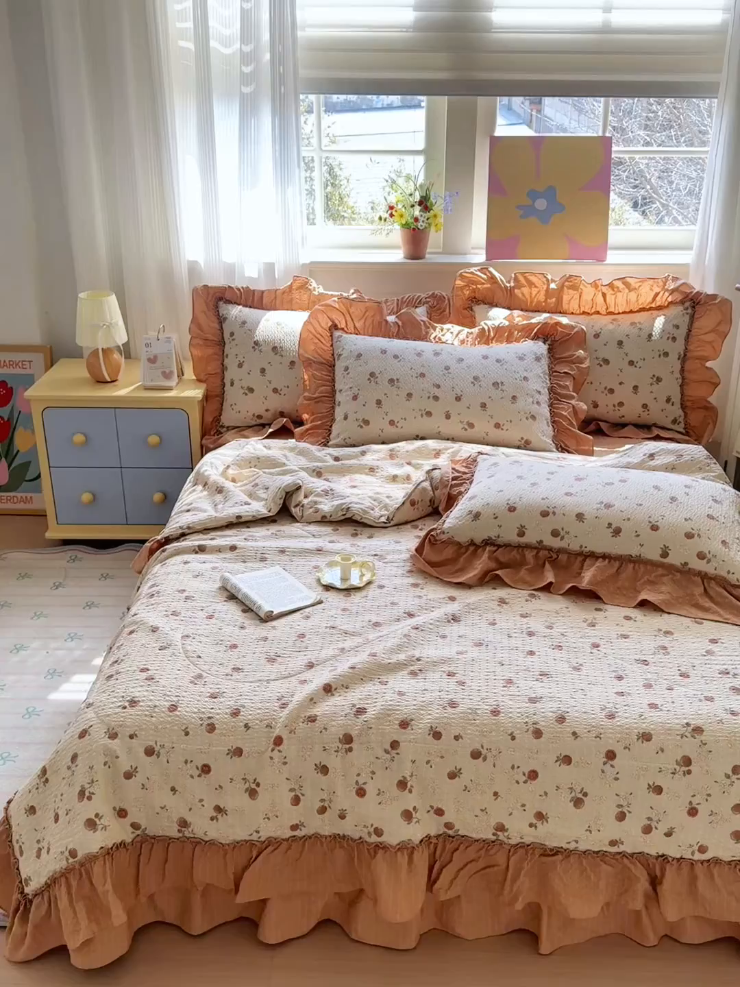 91家纺网 家纺一手货源 找家纺 禾沐 2026新款云感泡芙棉床盖夏被四件套AA款（夏被款） 柿柿如意