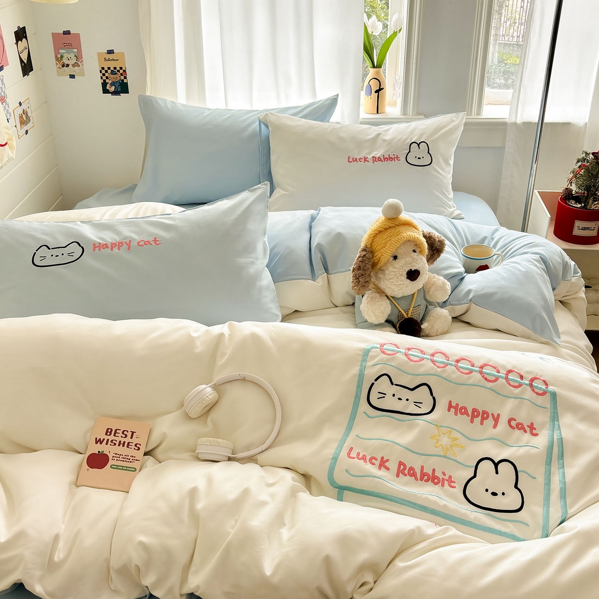 我心家纺 2026新款卡通刺绣四件套 猫兔日记-白