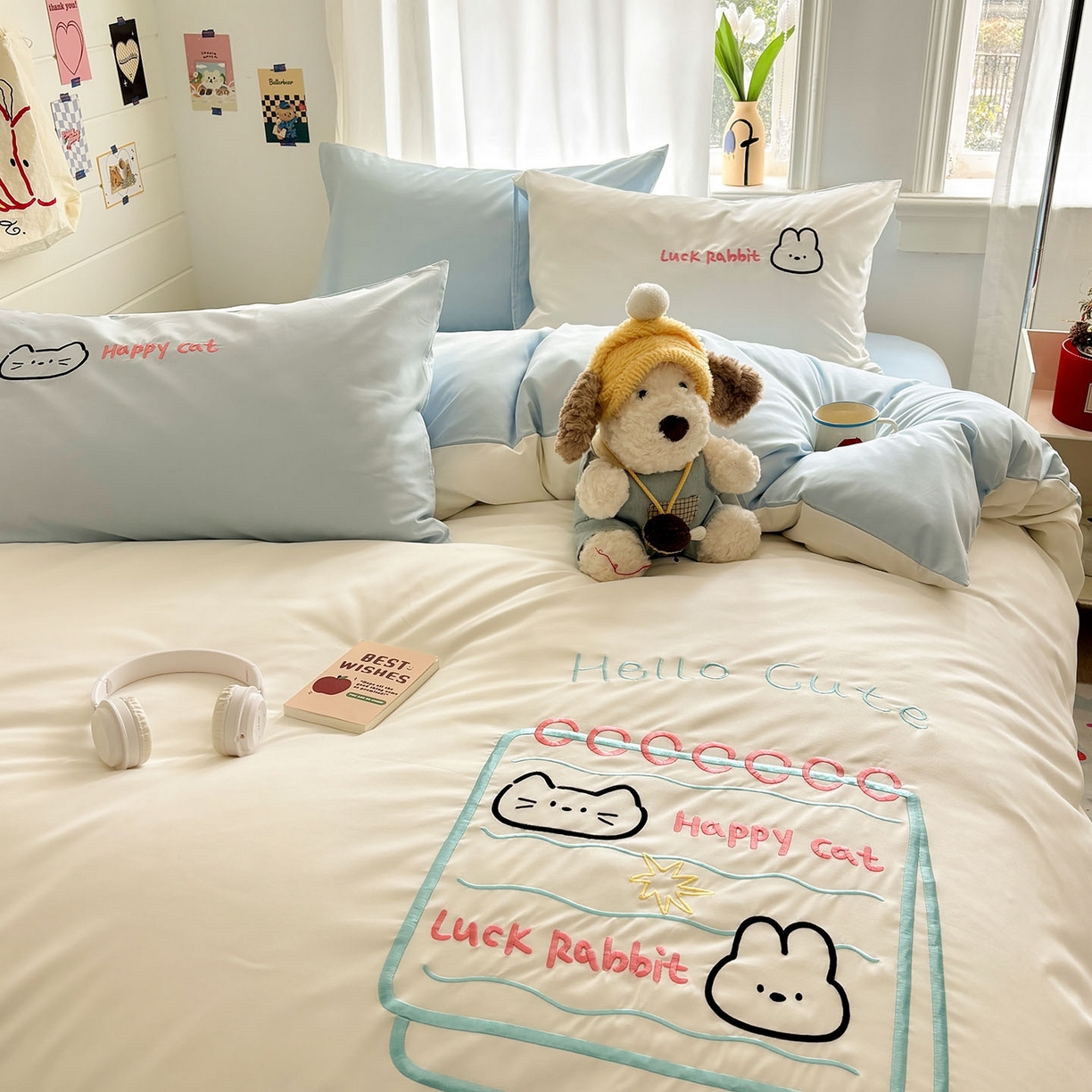 91家纺网 家纺一手货源 找家纺 我心家纺 2026新款卡通刺绣四件套 猫兔日记-白