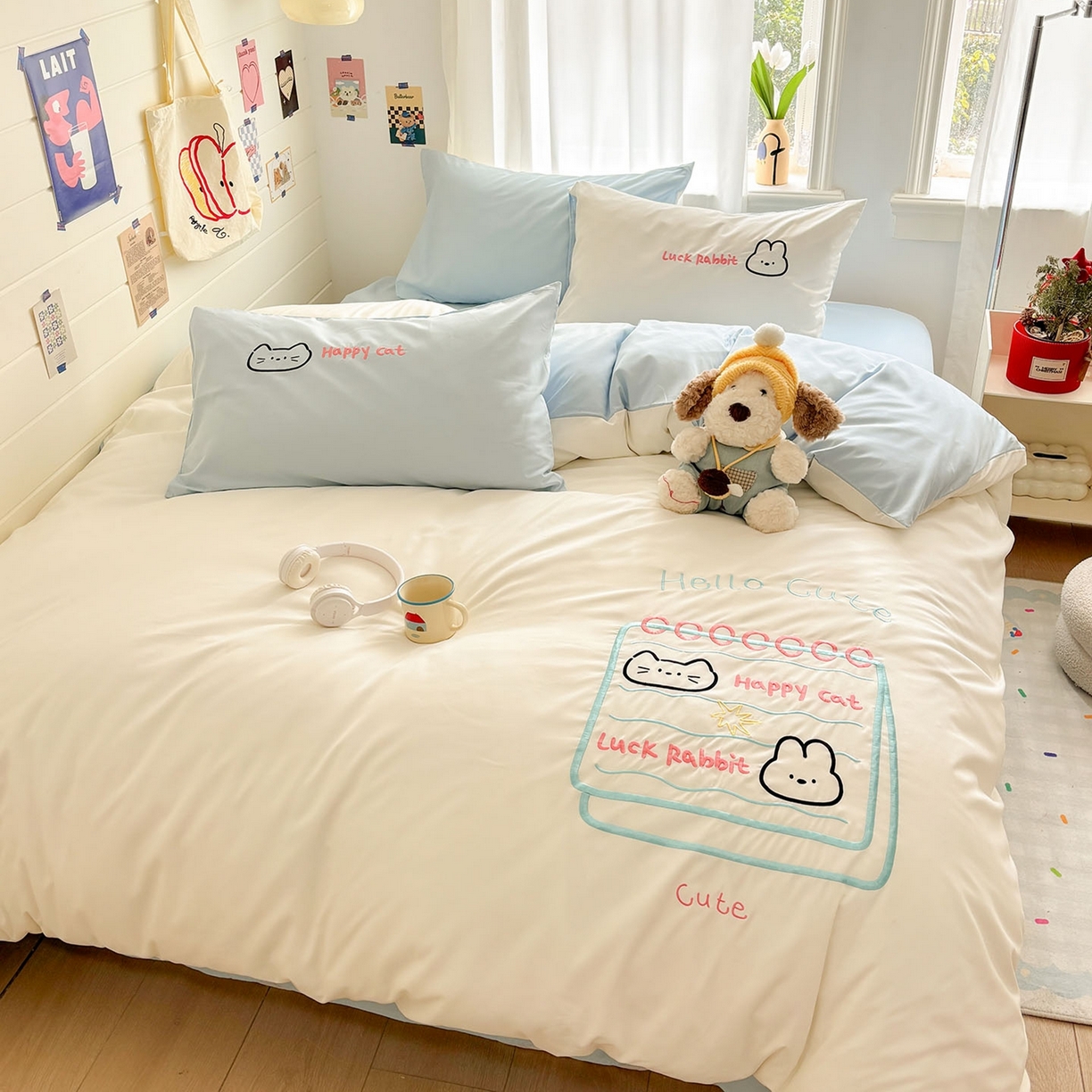 91家纺网 家纺一手货源 找家纺 我心家纺 2026新款卡通刺绣四件套 猫兔日记-白