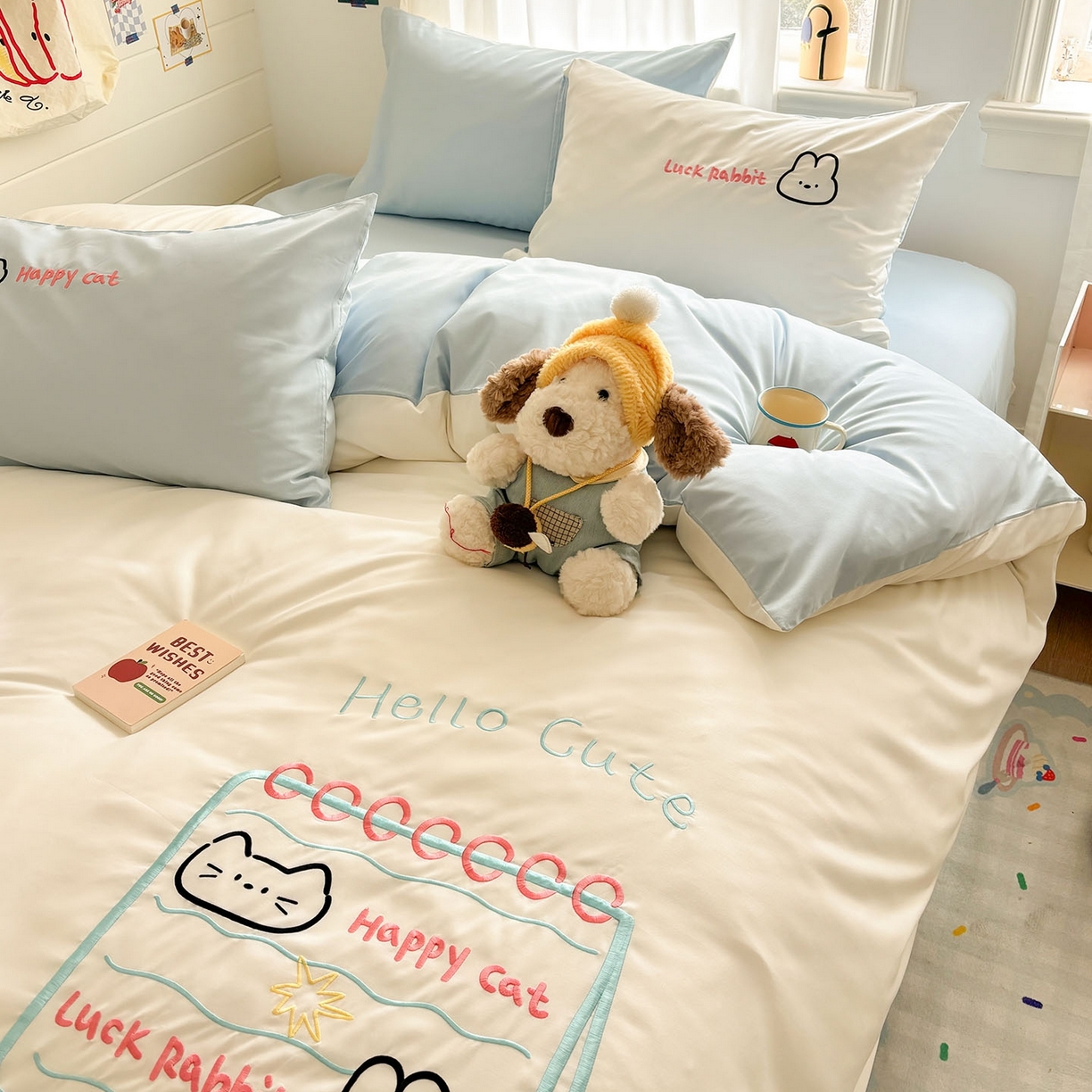 91家纺网 家纺一手货源 找家纺 我心家纺 2026新款卡通刺绣四件套 猫兔日记-白