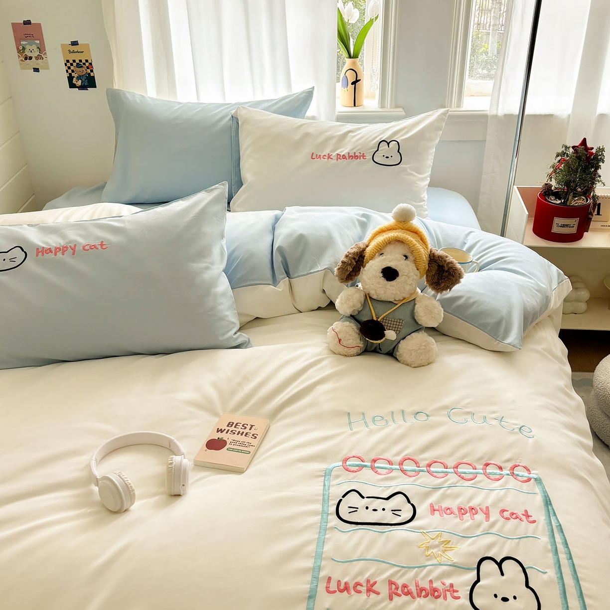 91家纺网 家纺一手货源 找家纺 我心家纺 2026新款卡通刺绣四件套 猫兔日记-白