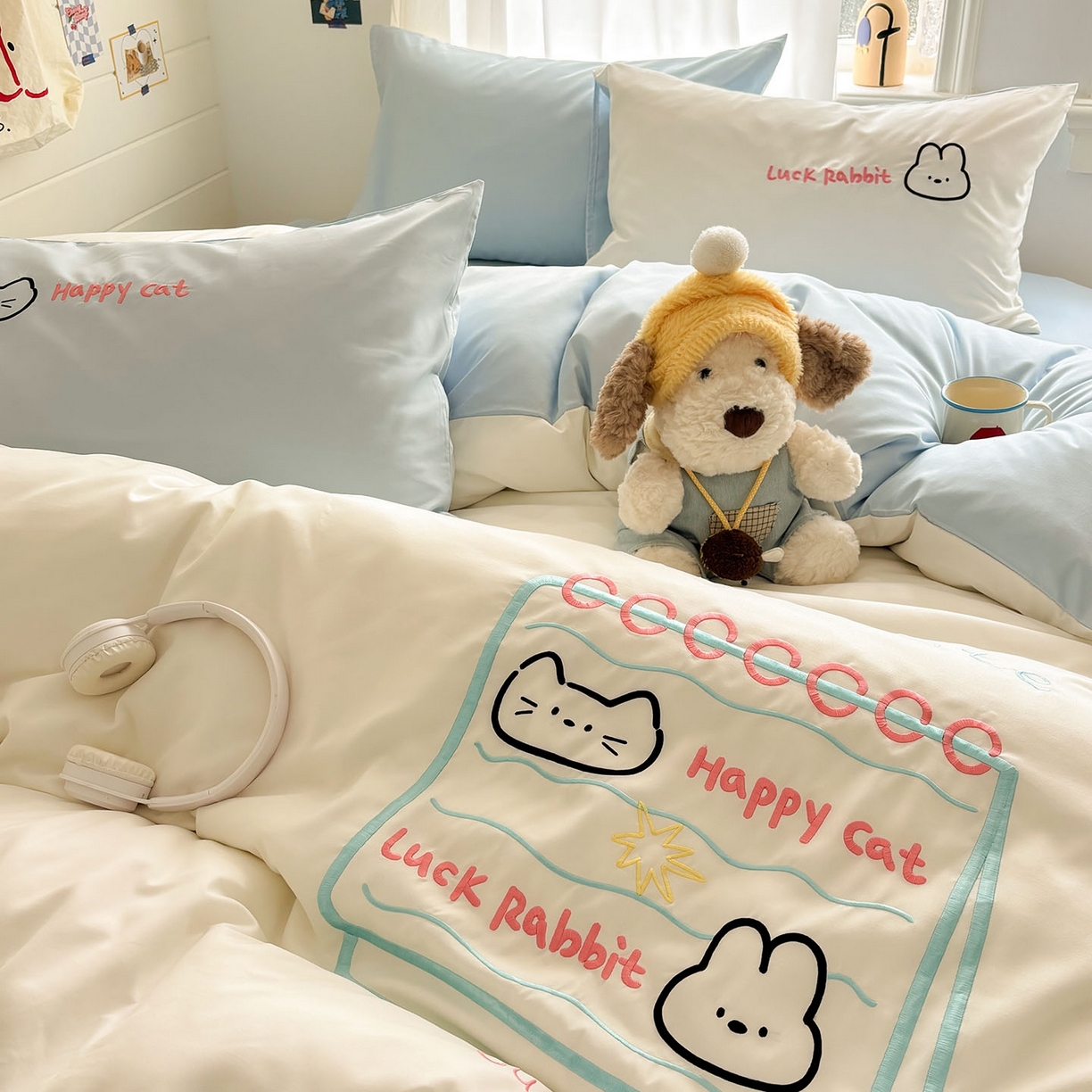 91家纺网 家纺一手货源 找家纺 我心家纺 2026新款卡通刺绣四件套 猫兔日记-白