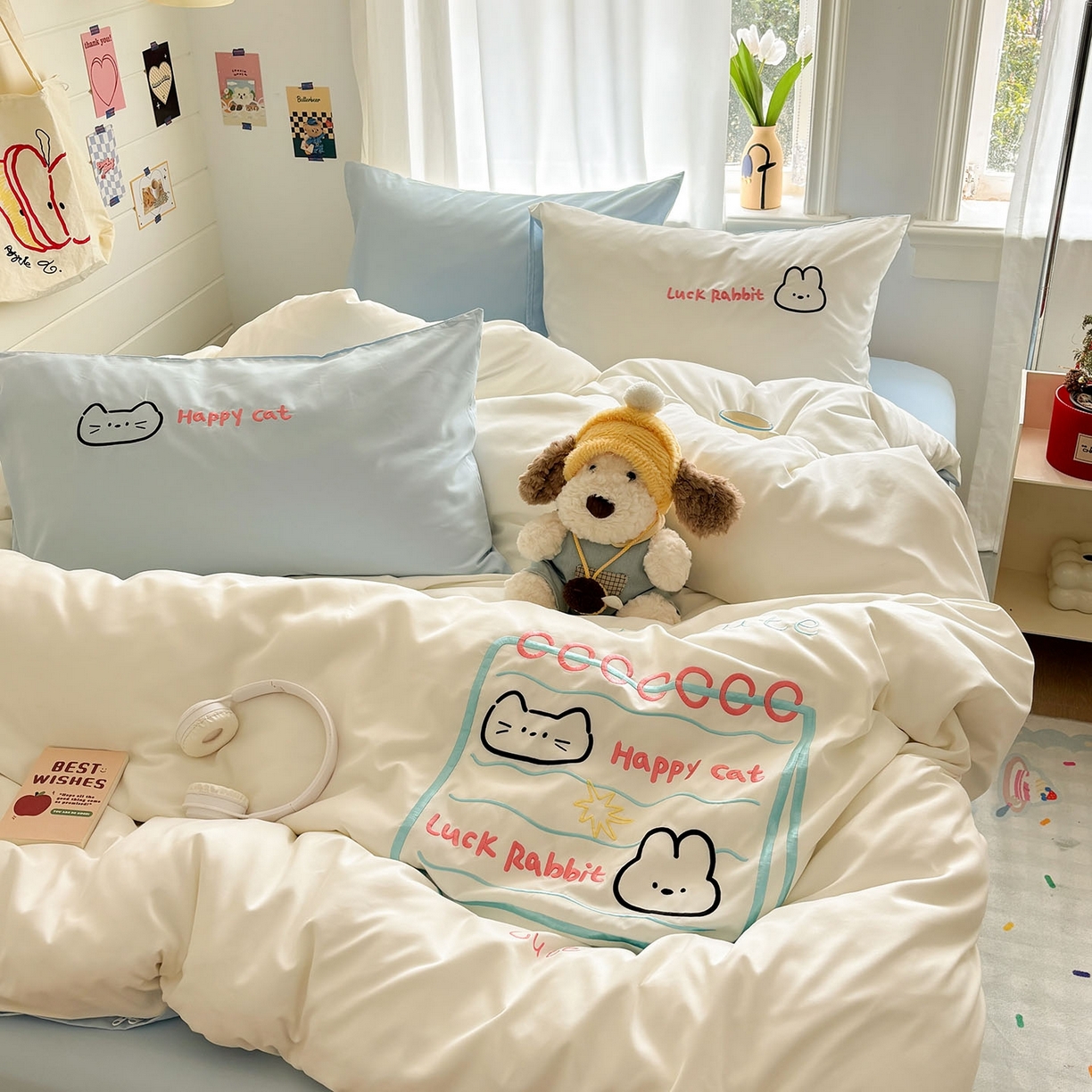 91家纺网 家纺一手货源 找家纺 我心家纺 2026新款卡通刺绣四件套 猫兔日记-白