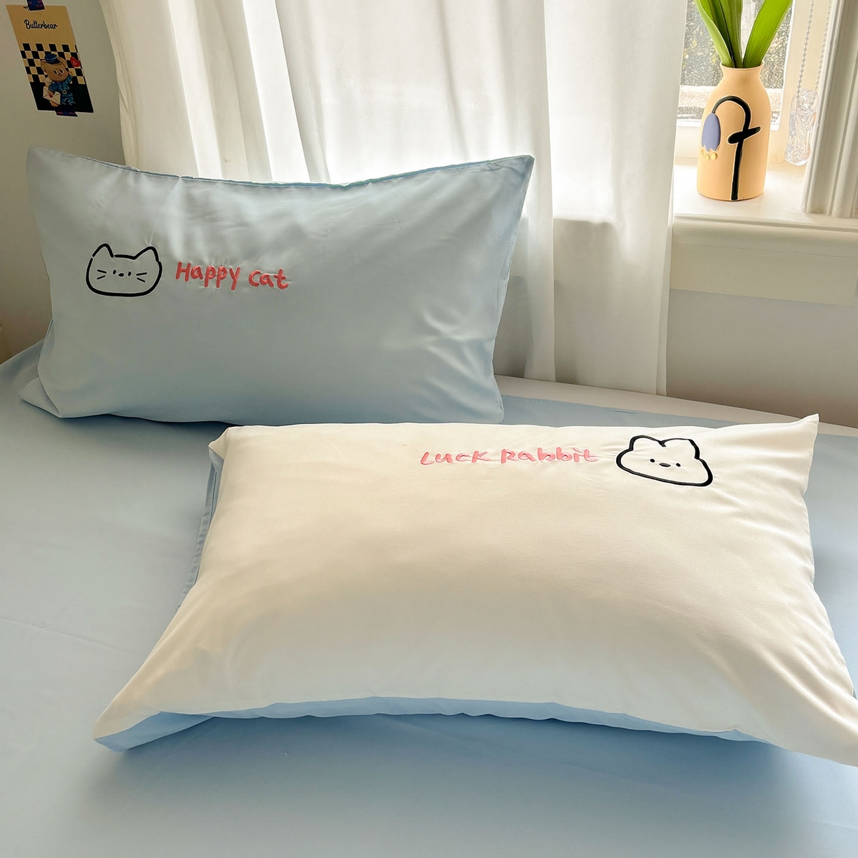 91家纺网 家纺一手货源 找家纺 我心家纺 2026新款卡通刺绣四件套 猫兔日记-白