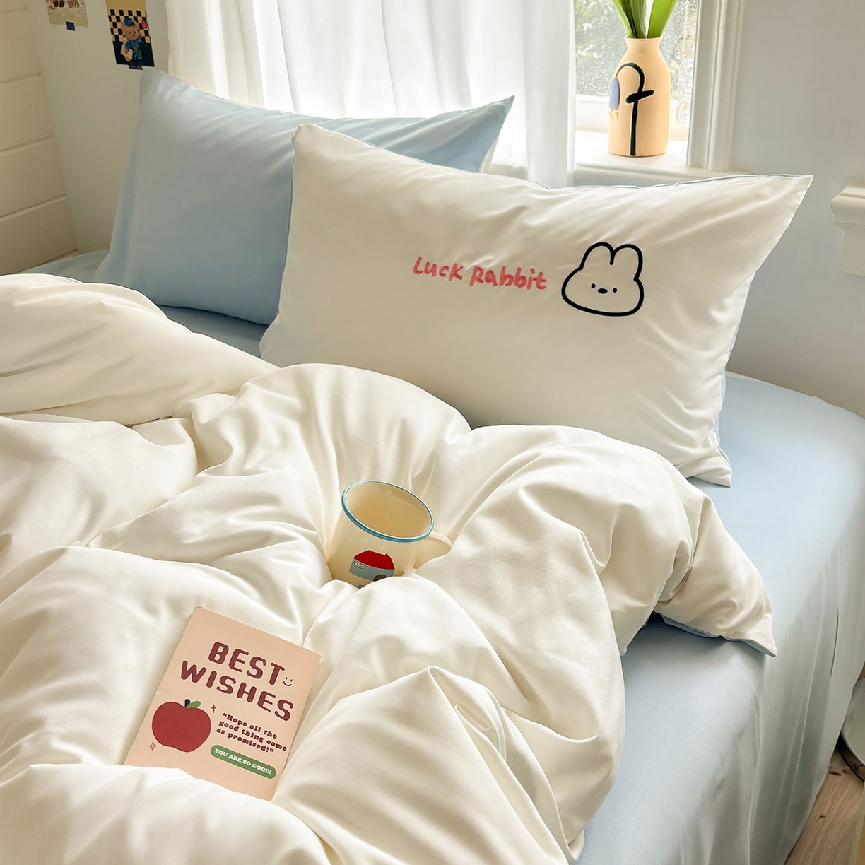 91家纺网 家纺一手货源 找家纺 我心家纺 2026新款卡通刺绣四件套 猫兔日记-白