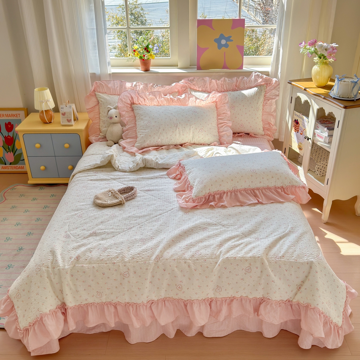 91家纺网 家纺一手货源 找家纺 禾沐 2026新款云感泡芙棉床盖夏被四件套AA款（夏被款） 甜桃心