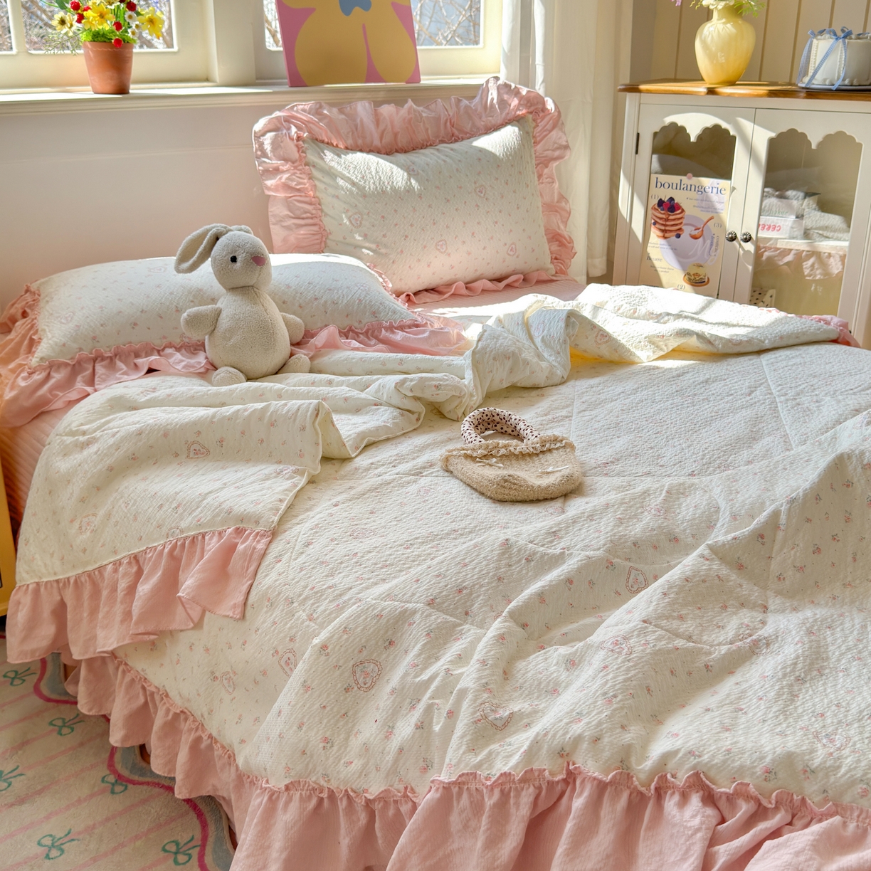 91家纺网 家纺一手货源 找家纺 禾沐 2026新款云感泡芙棉床盖夏被四件套AA款（夏被款） 甜桃心