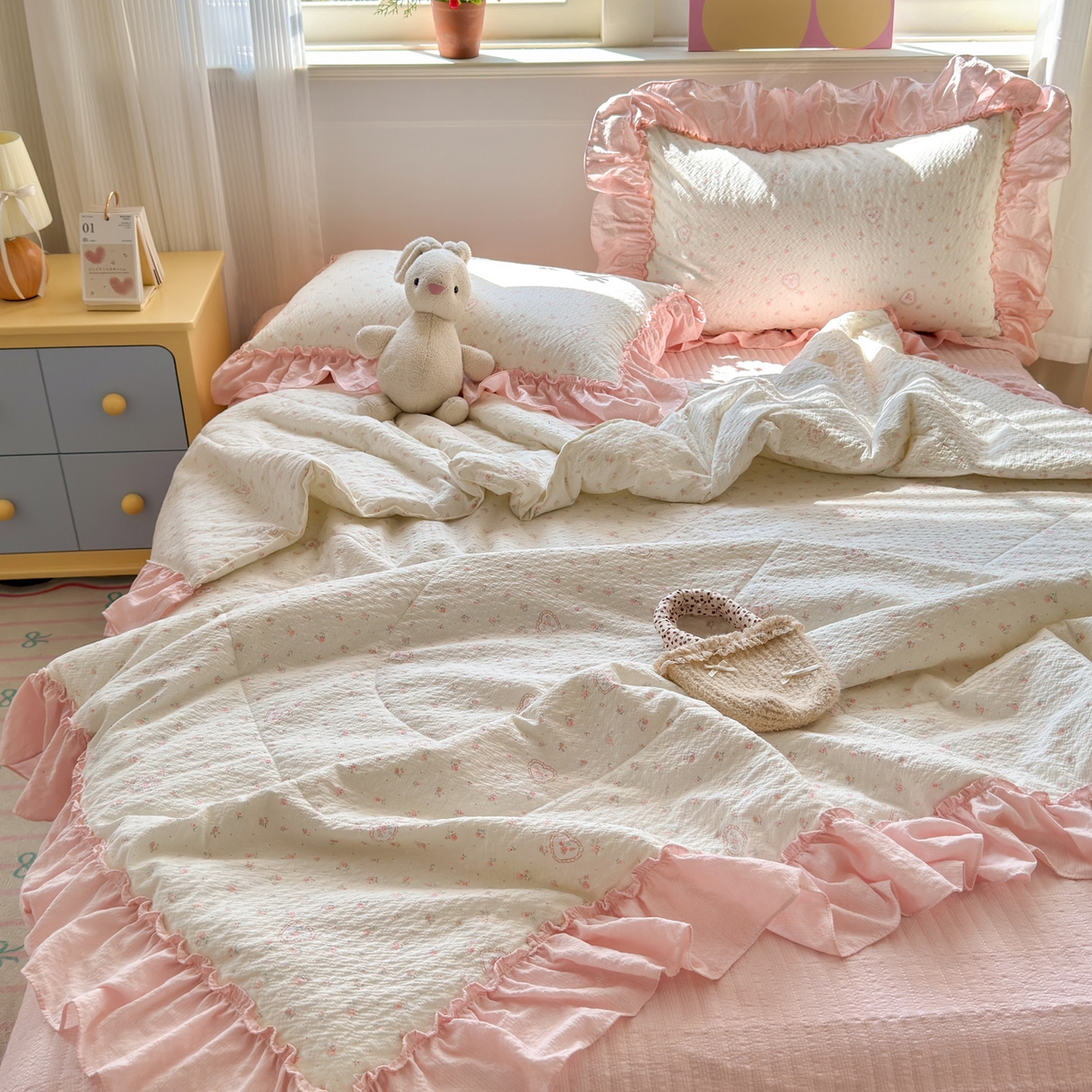 91家纺网 家纺一手货源 找家纺 禾沐 2026新款云感泡芙棉床盖夏被四件套AA款（夏被款） 甜桃心