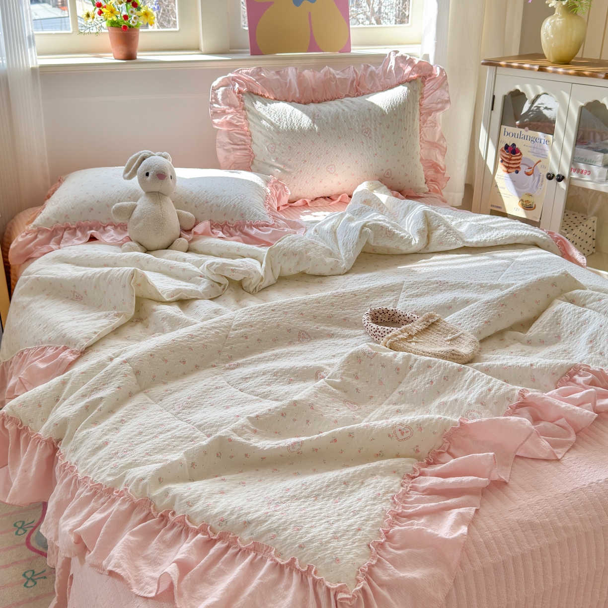 91家纺网 家纺一手货源 找家纺 禾沐 2026新款云感泡芙棉床盖夏被四件套AA款（夏被款） 甜桃心