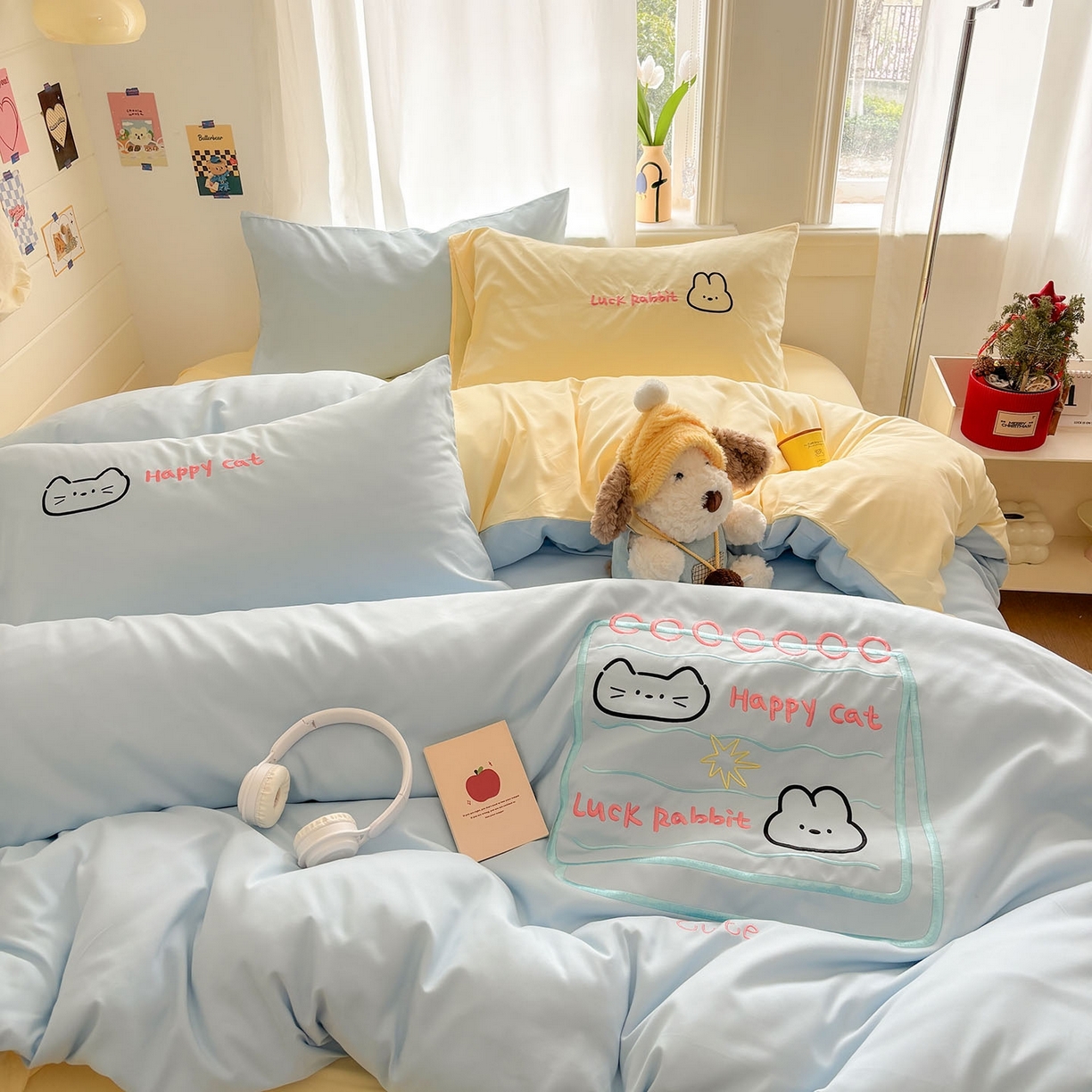 我心家纺 2026新款卡通刺绣四件套 猫兔日记-蓝黄