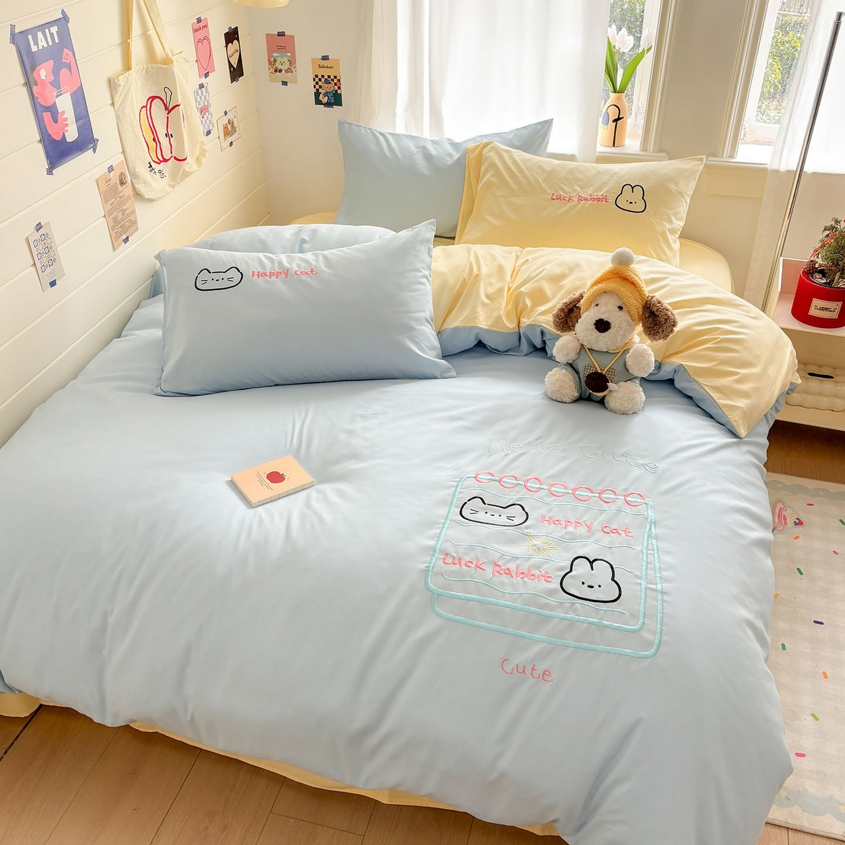 91家纺网 家纺一手货源 找家纺 我心家纺 2026新款卡通刺绣四件套 猫兔日记-蓝黄