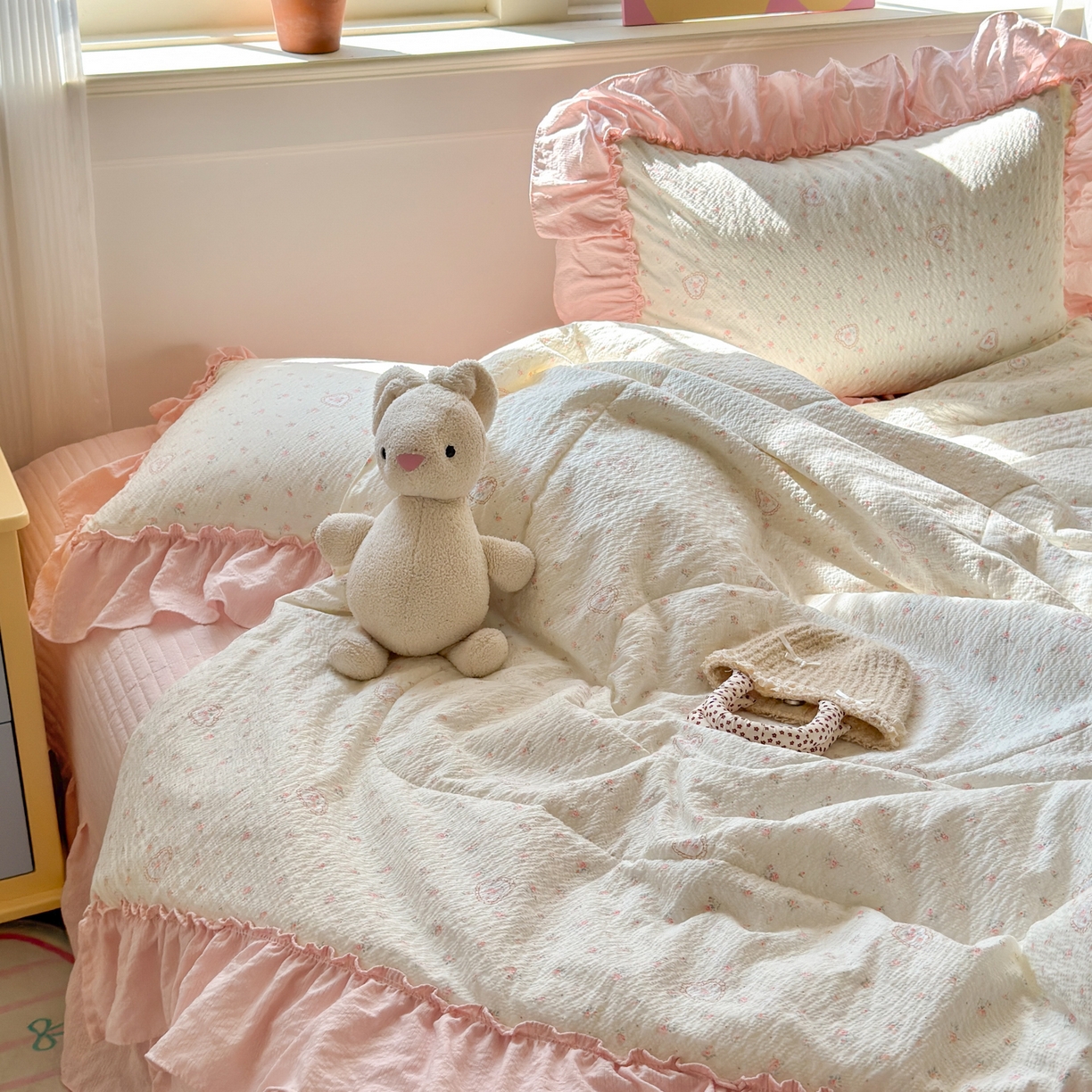 91家纺网 家纺一手货源 找家纺 禾沐 2026新款云感泡芙棉床盖夏被四件套AA款（夏被款） 甜桃心