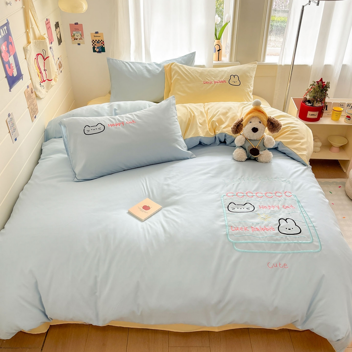 91家纺网 家纺一手货源 找家纺 我心家纺 2026新款卡通刺绣四件套 猫兔日记-蓝黄