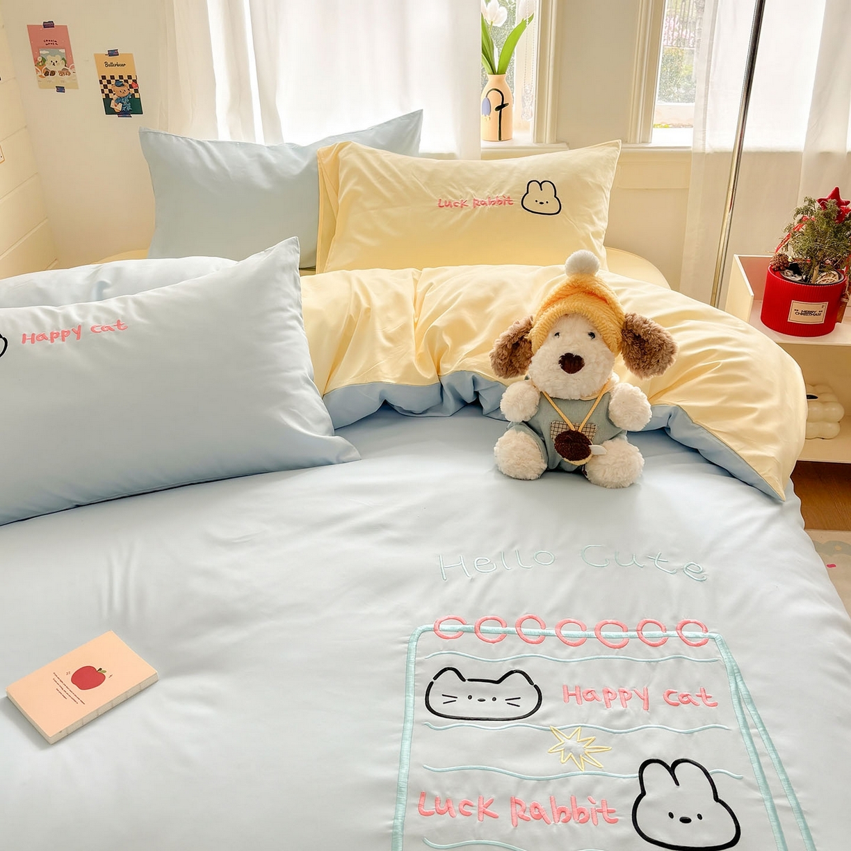 91家纺网 家纺一手货源 找家纺 我心家纺 2026新款卡通刺绣四件套 猫兔日记-蓝黄