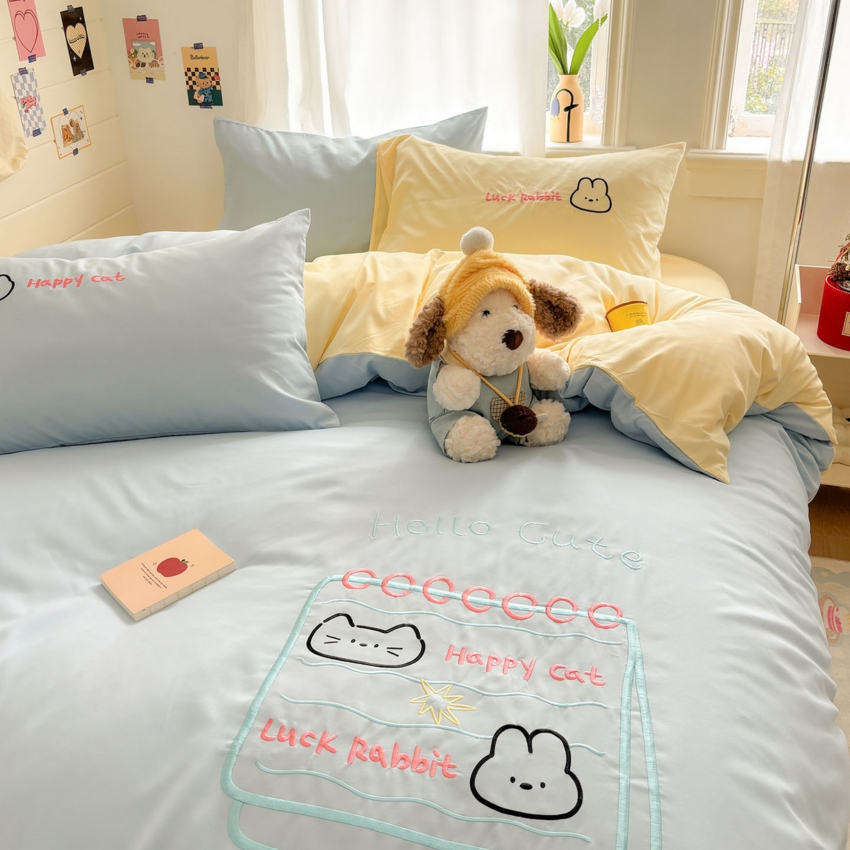 91家纺网 家纺一手货源 找家纺 我心家纺 2026新款卡通刺绣四件套 猫兔日记-蓝黄