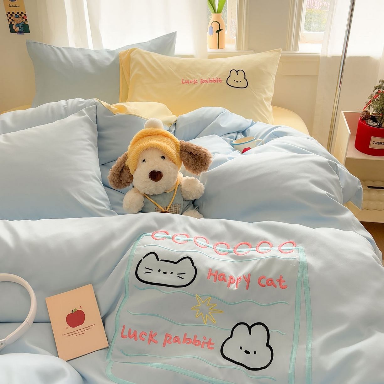 91家纺网 家纺一手货源 找家纺 我心家纺 2026新款卡通刺绣四件套 猫兔日记-蓝黄