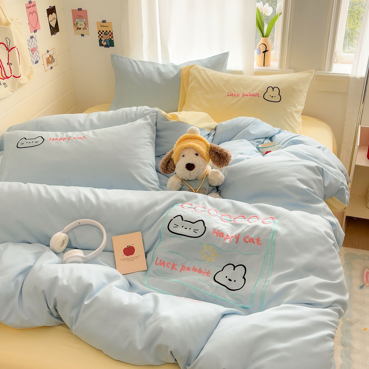 91家纺网 家纺一手货源 找家纺 我心家纺 2026新款卡通刺绣四件套 猫兔日记-蓝黄