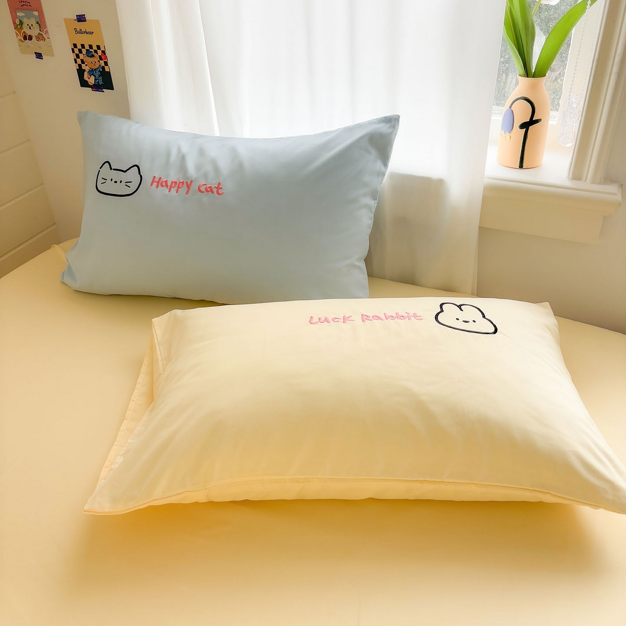 91家纺网 家纺一手货源 找家纺 我心家纺 2026新款卡通刺绣四件套 猫兔日记-蓝黄