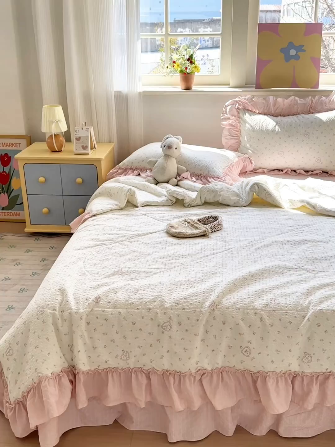 91家纺网 家纺一手货源 找家纺 禾沐 2026新款云感泡芙棉床盖夏被四件套AA款（夏被款） 甜桃心