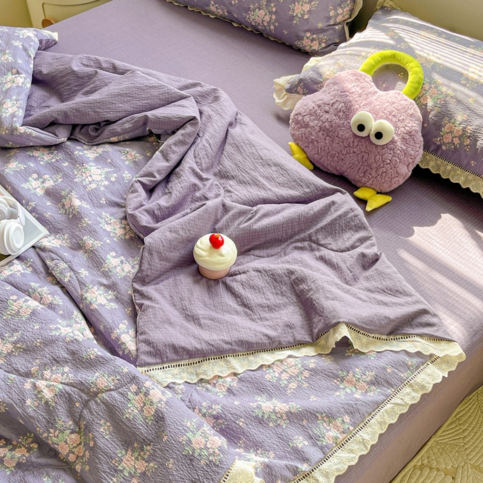 91家纺网 家纺一手货源 找家纺 （总）仟网汇 2026新款云感木棉皱皱纱全棉花边款夏被四件套