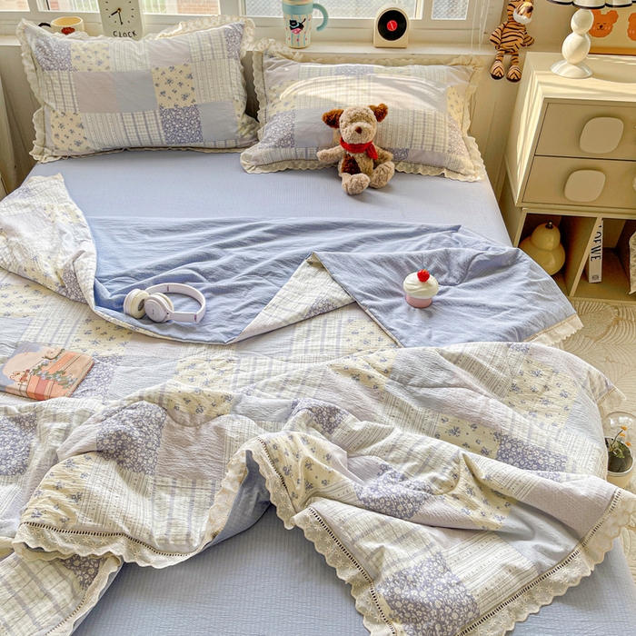 91家纺网 家纺一手货源 找家纺 仟网汇 2026新款云感木棉皱皱纱全棉花边款夏被四件套 百福兰