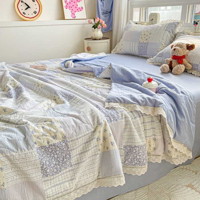 91家纺网 家纺一手货源 找家纺 仟网汇 2026新款云感木棉皱皱纱全棉花边款夏被四件套 百福兰