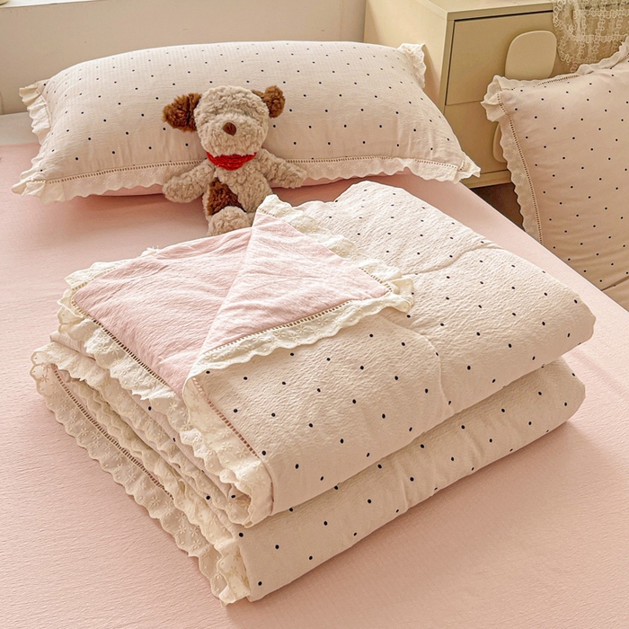 仟网汇 2026新款云感木棉皱皱纱全棉花边款夏被四件套 初恋