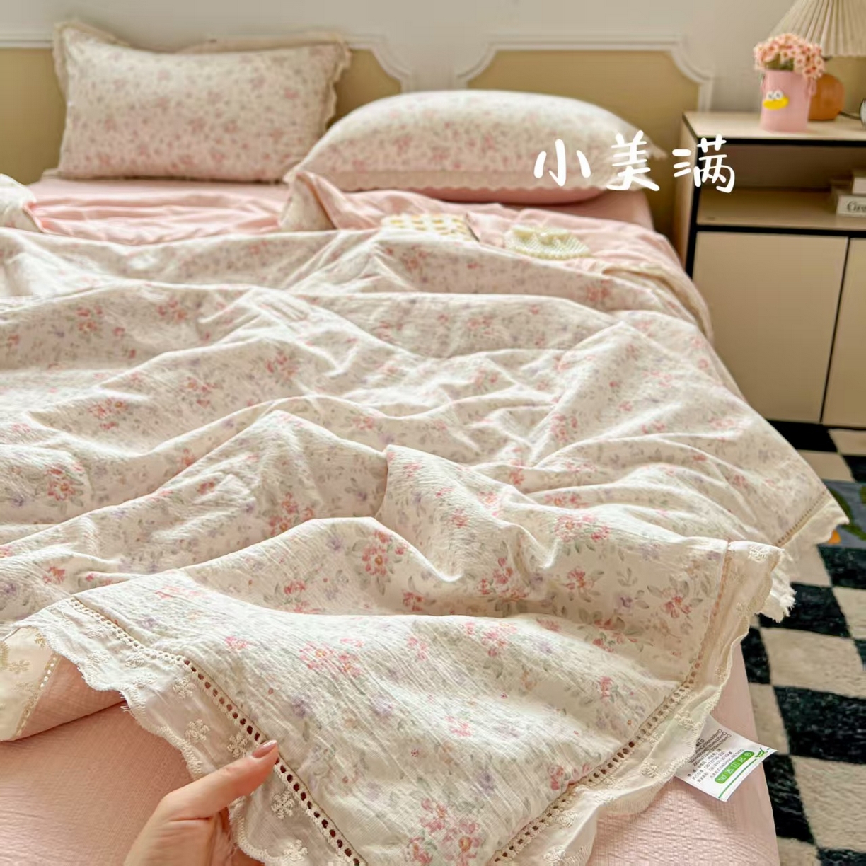 仟网汇 2026新款云感木棉皱皱纱全棉花边款夏被四件套 小美满