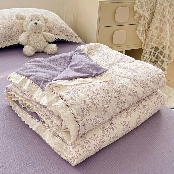 仟网汇 2026新款云感木棉皱皱纱全棉花边款夏被四件套 紫苏