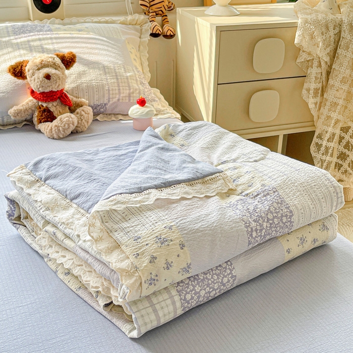 仟网汇 2026新款云感木棉皱皱纱全棉花边款夏被四件套 百福兰