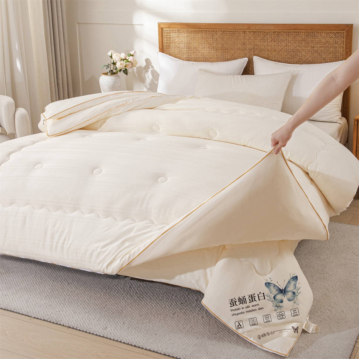 91家纺网 家纺一手货源 找家纺 小禹仔家纺 2026新款全棉提花拉链款蚕蛹蛋白子母被冬被春秋被夏被被子被芯加厚棉被-缎条系列 缎条-米黄