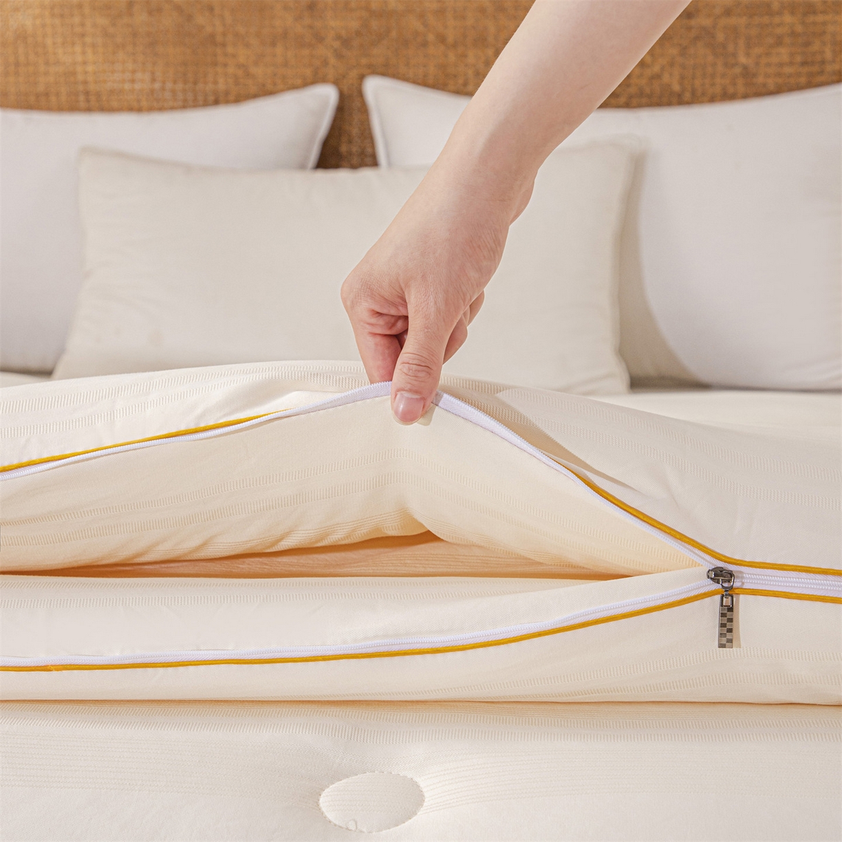 91家纺网 家纺一手货源 找家纺 小禹仔家纺 2026新款全棉提花拉链款蚕蛹蛋白子母被冬被春秋被夏被被子被芯加厚棉被-缎条系列 缎条-米黄