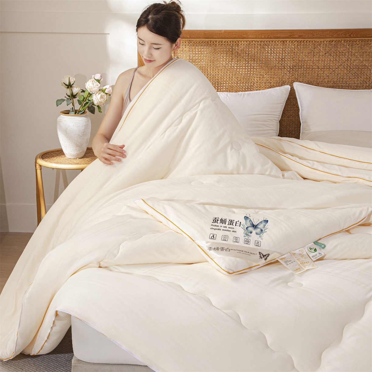 91家纺网 家纺一手货源 找家纺 小禹仔家纺 2026新款全棉提花拉链款蚕蛹蛋白子母被冬被春秋被夏被被子被芯加厚棉被-缎条系列 缎条-米黄