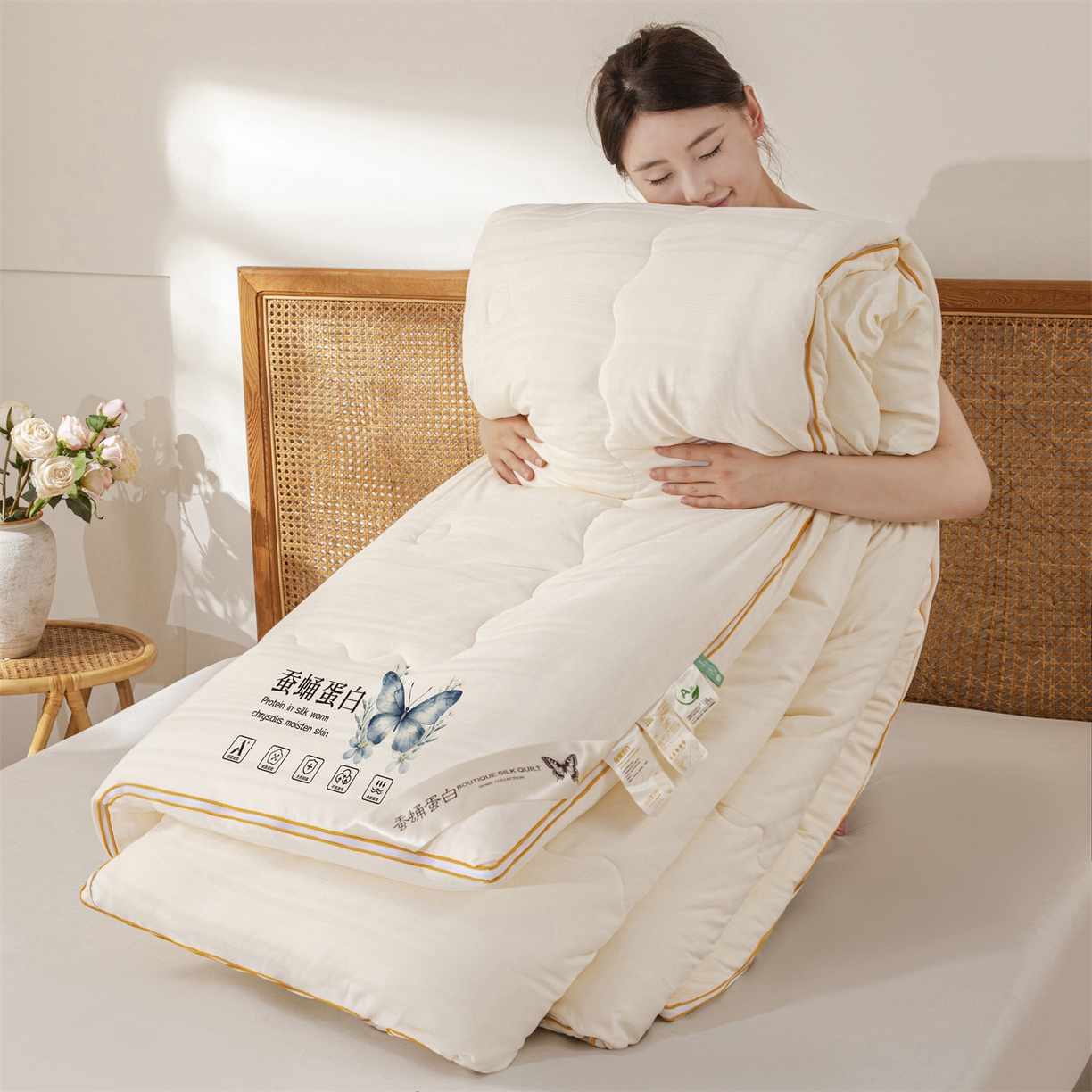 91家纺网 家纺一手货源 找家纺 小禹仔家纺 2026新款全棉提花拉链款蚕蛹蛋白子母被冬被春秋被夏被被子被芯加厚棉被-缎条系列 缎条-米黄