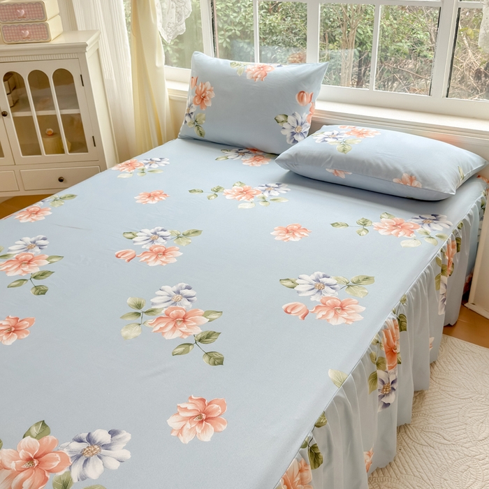 91家纺网 家纺一手货源 找家纺 莎臣豹 2026新款植物羊绒单品单件单床裙可配床裙三件套诗情画意蓝