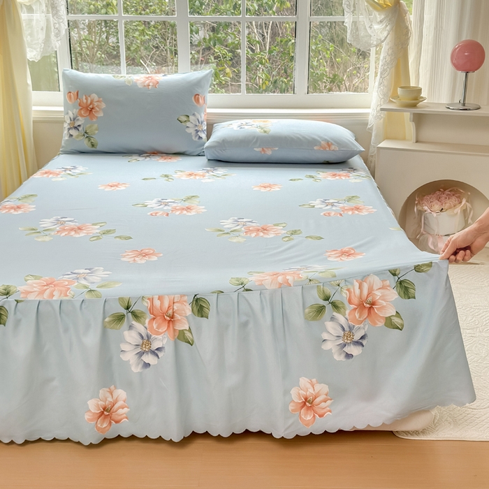 91家纺网 家纺一手货源 找家纺 莎臣豹 2026新款植物羊绒单品单件单床裙可配床裙三件套诗情画意蓝