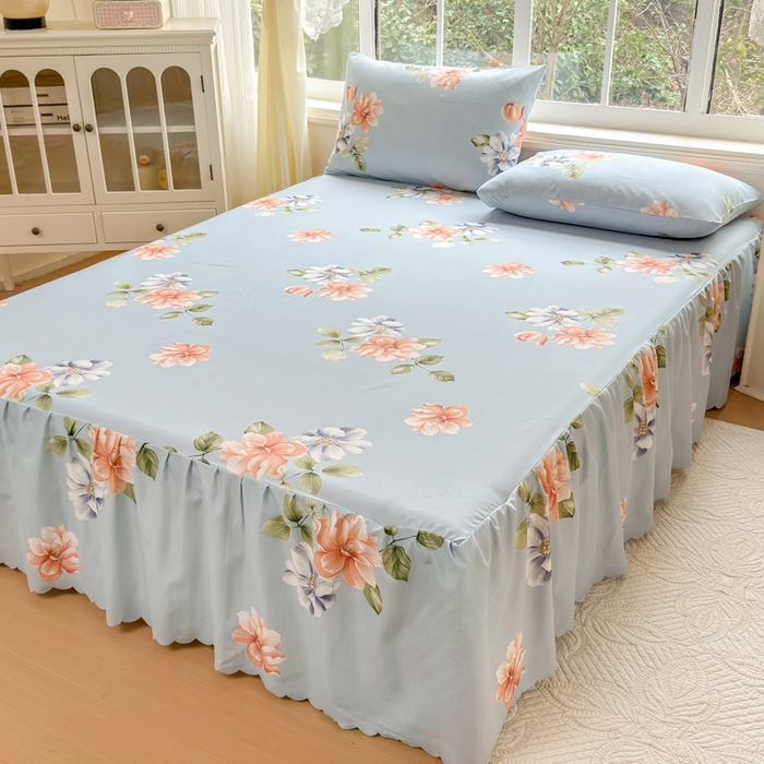 91家纺网 家纺一手货源 找家纺 莎臣豹 2026新款植物羊绒单品单件单床裙可配床裙三件套诗情画意蓝