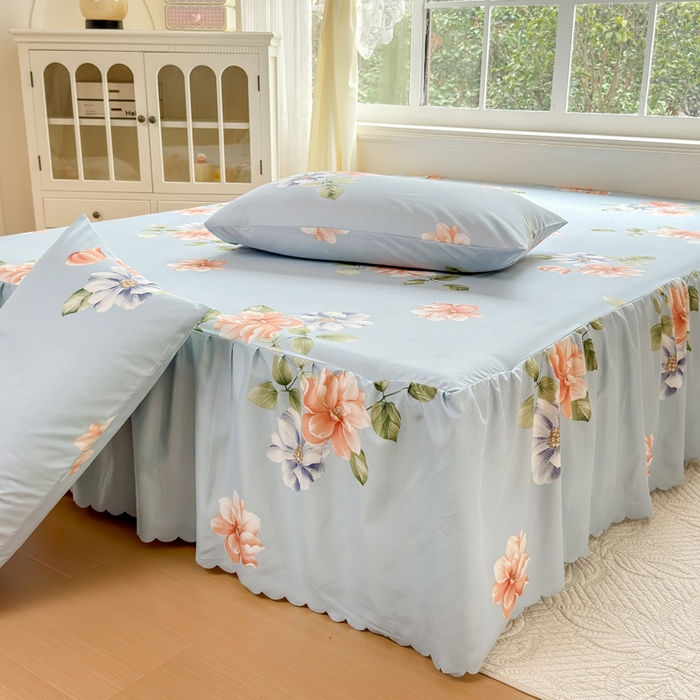 91家纺网 家纺一手货源 找家纺 莎臣豹 2026新款植物羊绒单品单件单床裙可配床裙三件套诗情画意蓝