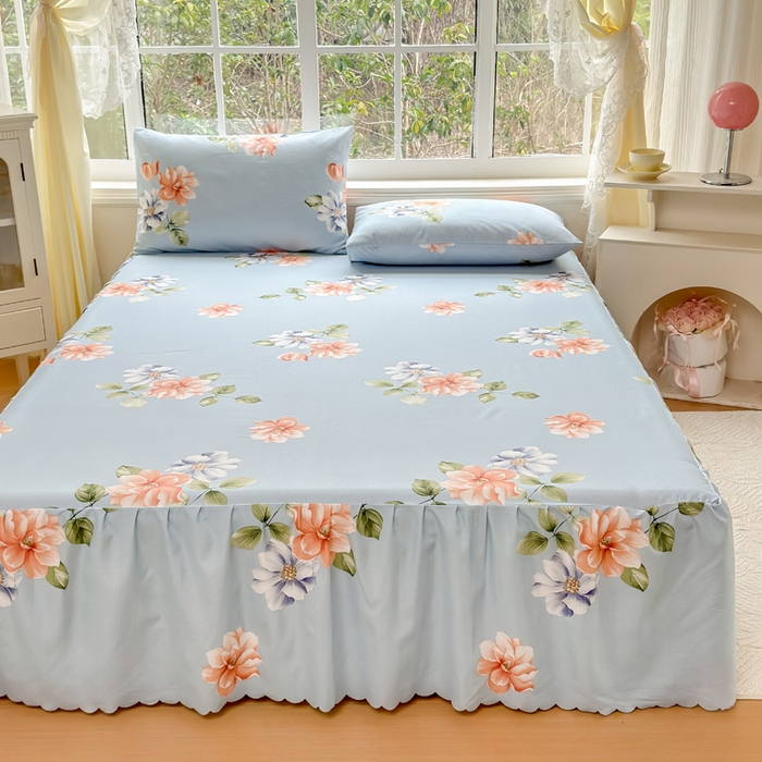 91家纺网 家纺一手货源 找家纺 莎臣豹 2026新款植物羊绒单品单件单床裙可配床裙三件套诗情画意蓝