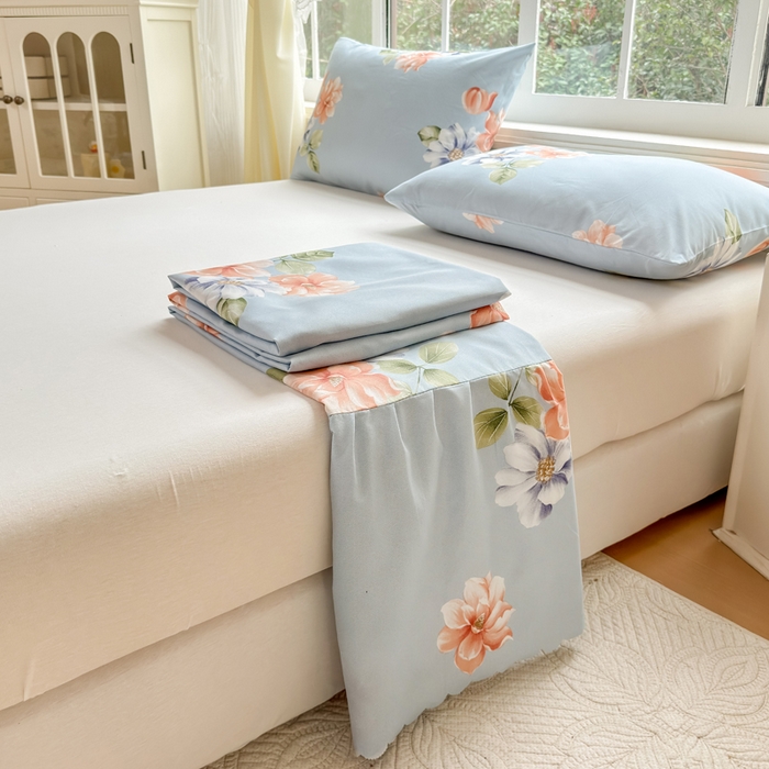 91家纺网 家纺一手货源 找家纺 莎臣豹 2026新款植物羊绒单品单件单床裙可配床裙三件套诗情画意蓝