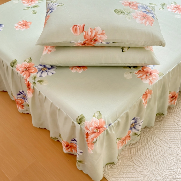 91家纺网 家纺一手货源 找家纺 莎臣豹 2026新款植物羊绒单品单件单床裙可配床裙三件套诗情画意绿