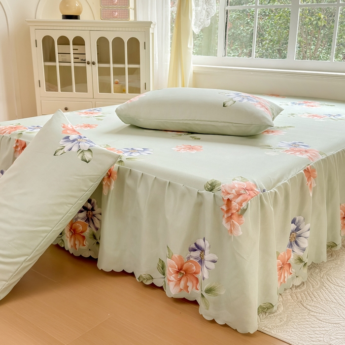 91家纺网 家纺一手货源 找家纺 莎臣豹 2026新款植物羊绒单品单件单床裙可配床裙三件套诗情画意绿