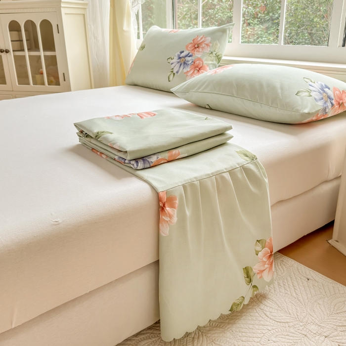 91家纺网 家纺一手货源 找家纺 莎臣豹 2026新款植物羊绒单品单件单床裙可配床裙三件套诗情画意绿