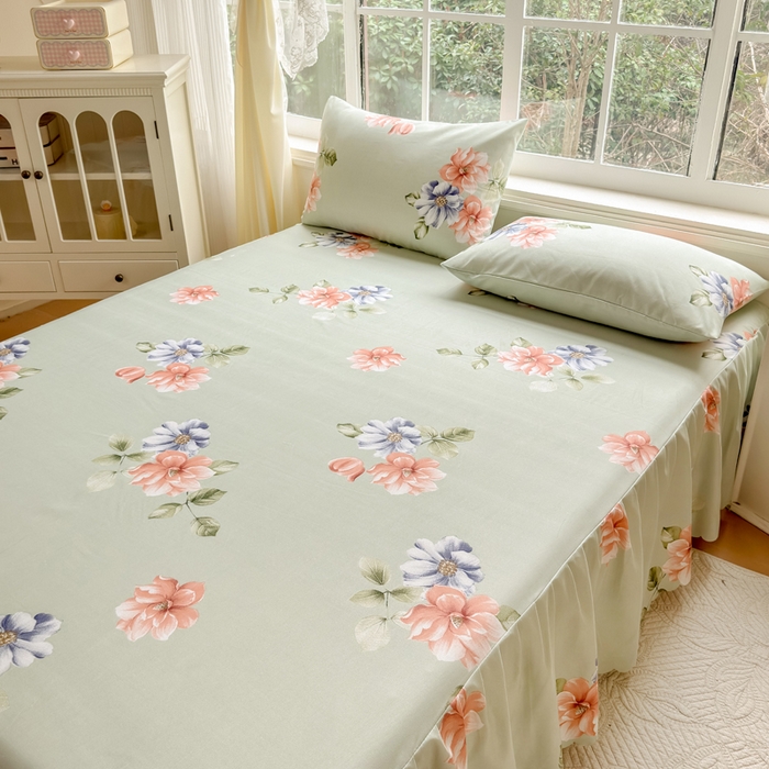 91家纺网 家纺一手货源 找家纺 莎臣豹 2026新款植物羊绒单品单件单床裙可配床裙三件套诗情画意绿