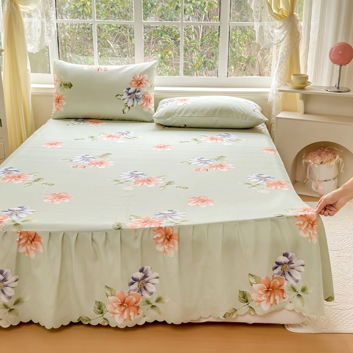 91家纺网 家纺一手货源 找家纺 莎臣豹 2026新款植物羊绒单品单件单床裙可配床裙三件套诗情画意绿