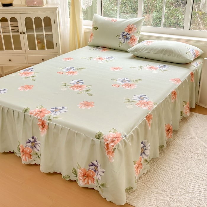 91家纺网 家纺一手货源 找家纺 莎臣豹 2026新款植物羊绒单品单件单床裙可配床裙三件套诗情画意绿