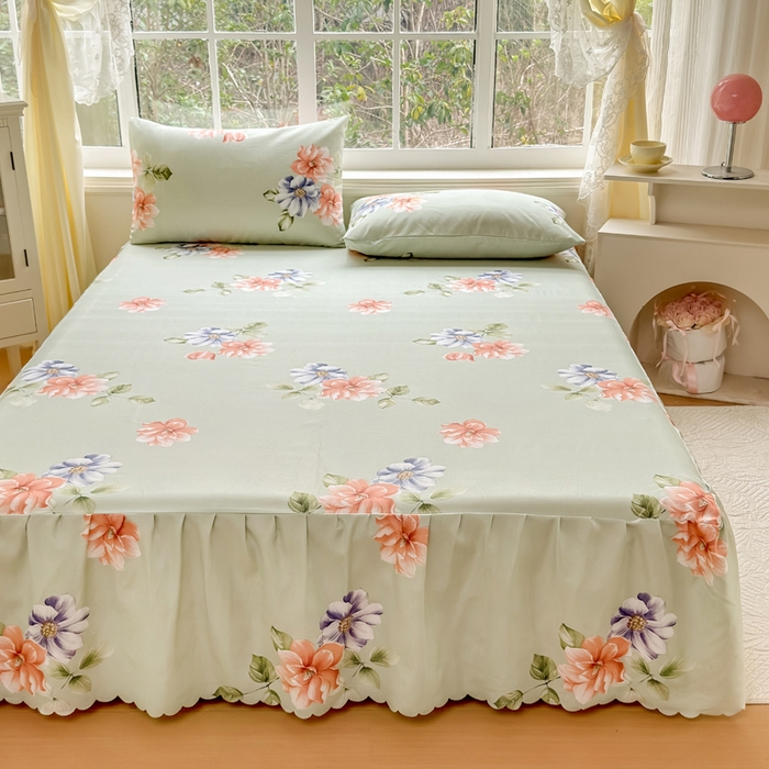 91家纺网 家纺一手货源 找家纺 莎臣豹 2026新款植物羊绒单品单件单床裙可配床裙三件套诗情画意绿