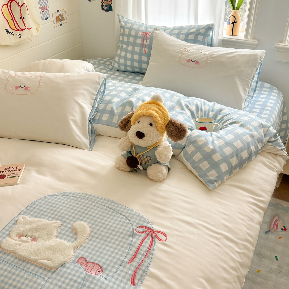 91家纺网 家纺一手货源 找家纺 我心家纺 2026新款卡通刺绣四件套 沙发猫-白