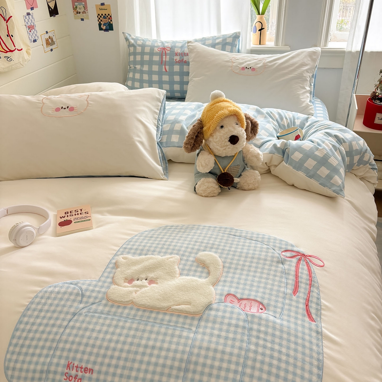 91家纺网 家纺一手货源 找家纺 我心家纺 2026新款卡通刺绣四件套 沙发猫-白